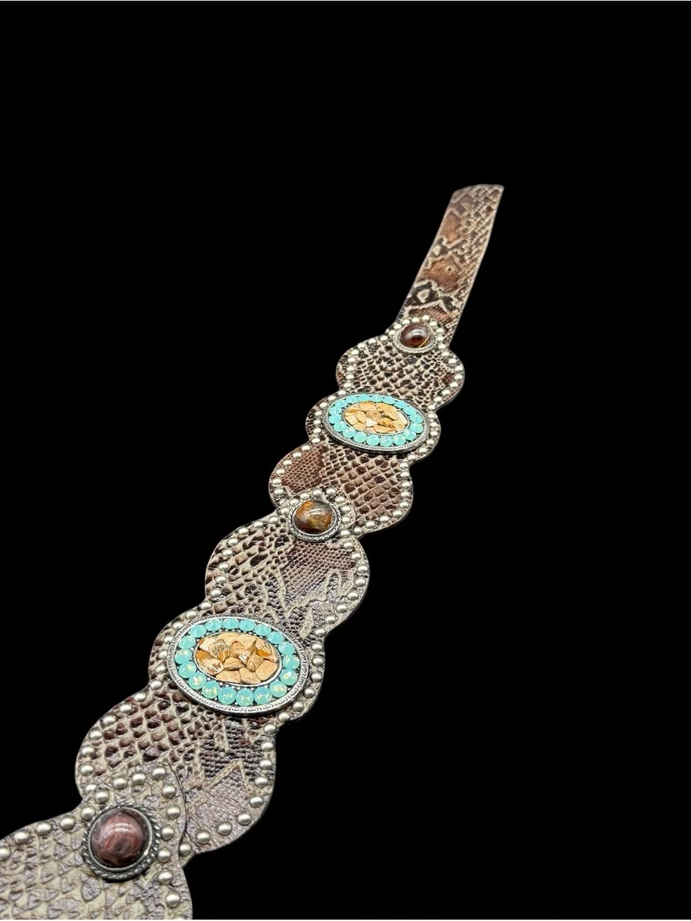 Leatherock 34 M Python Snakeskin Leather Turquoise Crystal Scallop Contour Belt